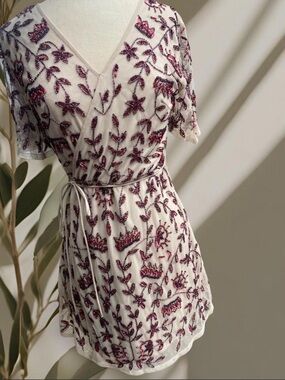 Beaded Ivory Dress with Burgundy Sequin Detail